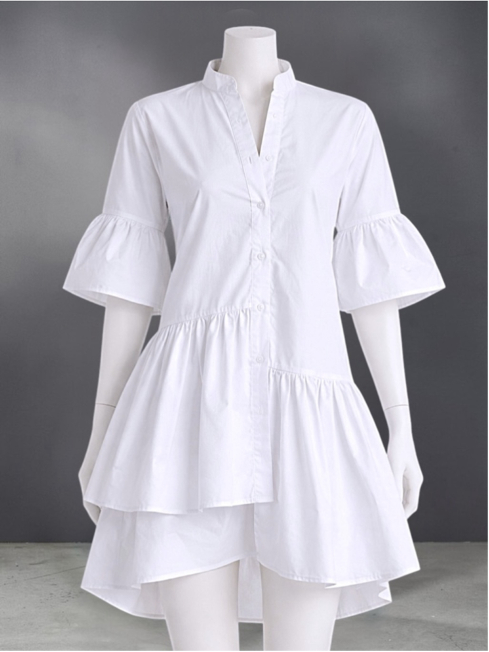 Button Up Asymmetrical Tiered Smock Dress in White – Size S - Picture 6 of 11